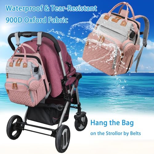 Jeryswet Baby Diaper Bags with Changing Station, Waterproof Large Capacity Diaper Bag Backpack for Moms Dads with USB Charging Port and Stroller Straps, Baby Shower Gifts, Pink-Grey - Image 4