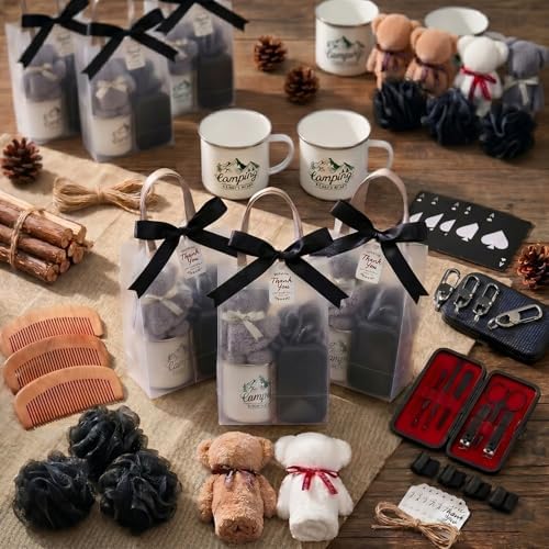 61PCS Baby Shower Prizes for Men 6 Set with Premium 12 OZ Enamel Mug Bottle Opener Manicure Kit Wood Comb Bear Towel Keychain Bath Sponge Gift Bag Baby Shower Game Prizes for Winner Bachelor Party - Image 2