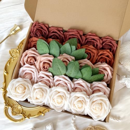50pcs Burnt Orange Brown Foam Fake Roses with Stems Fall Terracotta Beige Artificial Flowers Real Looking Wedding Bouquets Bridal Shower Centerpieces Rustic Arrangements Party Tables Decor Bulk - Image 4