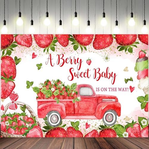 9x6ft Baby Shower Backdrop A Berry Sweet Baby is On The Way Photography Background Pink Strawberry Truck Banner Decorations Ice Cream Bowknot Girls Kids Newborn Party Photo Booth Prop - Image 2