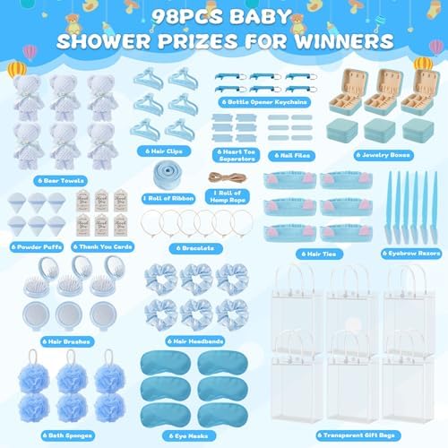 98 PCS Baby Shower Prizes for Game Winners, Pink Spa Party Favors Gifts with Sleep Masks Jewelry Box Scrunchies Claw Clips Powder Puff Gift Bags and Thank You Cards for Guests Bridal Shower (Blue) - Image 3