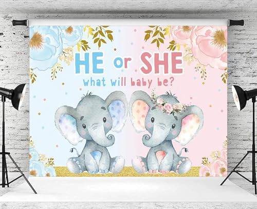 9x6ft Elephant Gender Reveal Backdrop He or She What Will Baby Be Photography Background Boy or Girl Gender Reveal Party Banner Decorations Supplies Photo Booth Props - Image 4