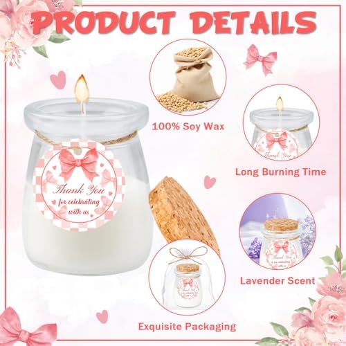 24Pcs Baby Shower Candle Party Favors Lavender Scented Glass Jars Wax Candle Bulk with Thank You Cards Organza Bags for Guests Boy Girl Birthday Gender Reveal Gift Souvenirs (Pink Bow, 24) - Image 3