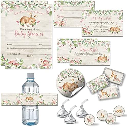 Amanda Creation Oh Deer Baby Shower Invitations, Woodland Baby Girl Shower Invitations Bundle with Envelopes, Diaper Raffle, Bring a Book Cards & Stickers by AmandaCreation
