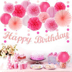 Light-Hot Pink Party-Decorations Paper-Flowers Lanterns - 29pcs Happy Banner Girl Birthday Decor Tissue Pom Poms Streamers, Bridal Baby Shower Wedding Bachelorette Valentine Hanging Supplies Hugfond - Image 2