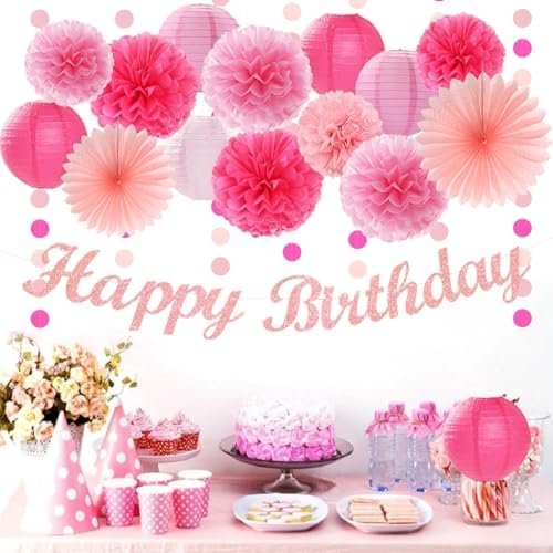 Light-Hot Pink Party-Decorations Paper-Flowers Lanterns - 29pcs Happy Banner Girl Birthday Decor Tissue Pom Poms Streamers, Bridal Baby Shower Wedding Bachelorette Valentine Hanging Supplies Hugfond - Image 2