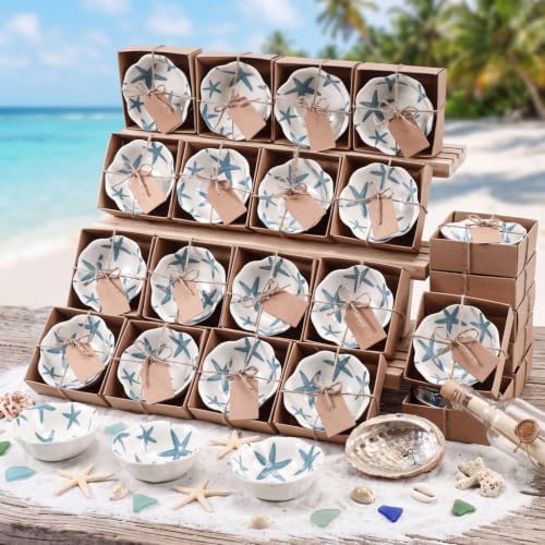 SiliFine 24 Pcs Beach Party Favors for Guests Small Ceramic Bowl Bulk Gifts 3.3 Inch Floral Design Mini Dipping Sauce Dish with Card Box for Bridal Pooja Baby Shower Birthday Guest Gift by SiliFine