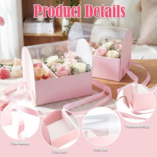 Honeydak 10 Pcs Cake Flower Clear Gift Boxes with Handle 4 in, Pink, Ribbon - Image 3