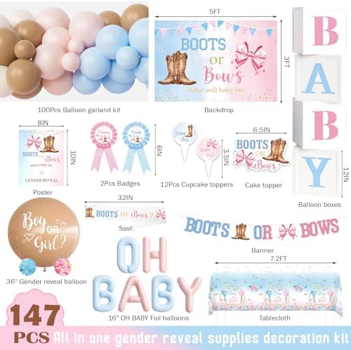 Boots or Bows Gender Reveal Decorations, Girl or Boy Themed Party Balloon Arch Kit Supplies Includes Balloons Banners Sash Badge Backdrop Topper Poster Balloon Boxes Tablecloth Marker 147 PCs - Image 2