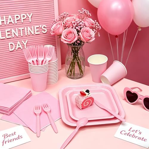 Vyntra 350 Pcs Pink Square Paper Plates and Napkins Set, Serves 50 - Image 4