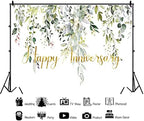 Leowefowa 10x6.5ft Happy Anniversary Backdrop Green Gold Eucalyptus Leaves Photography Background Wedding Bridal Decorations Surprise Shower Gender Reveal Photo Party Banner Photo Booth Props - Image 2