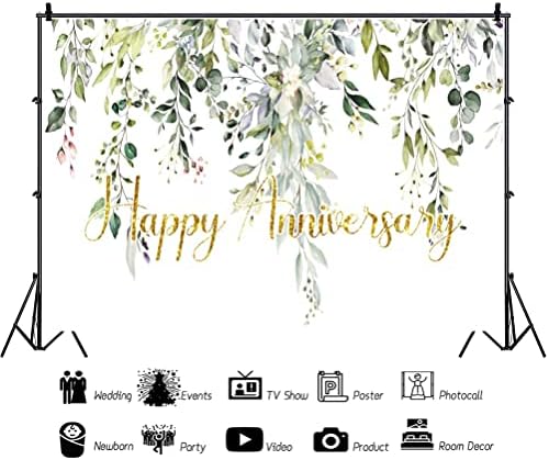 Leowefowa 8x6ft Happy Anniversary Backdrop Green Gold Eucalyptus Leaves Photography Background Wedding Bridal Decorations Surprise Shower Gender Reveal Photo Party Banner Photo Booth Props - Image 2