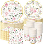 Funnymoom 250 Pcs Pink Gold Floral Paper Plates Napkins Cups Serves 50 by Funnymoom