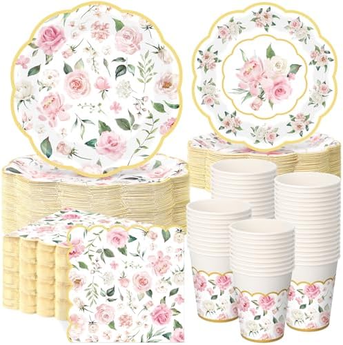 Funnymoom 250 Pcs Pink Gold Floral Paper Plates Napkins Cups Serves 50 by Funnymoom