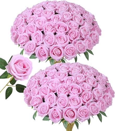 50 PCS Pink Roses Artificial Flowers, Fake Roses with Stem Realistic Silk Roses for DIY Wedding Bouquets Table Centerpieces Arrangements Baby Shower Birthday Home Decor Valentine's Day Gift for Her by HyeFloraartificialflowers