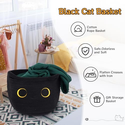 Cute Black Cat Round Basket - Cotton Rope Baskets Large Baby Laundry - Image 4
