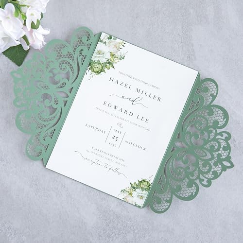 20Pcs Sage Green Laser Cut Wedding Invitation Cards With Envelopes - Image 4