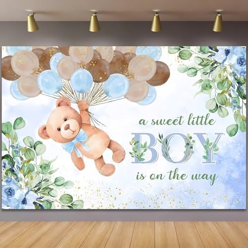 8x6ft Blue Bear Baby Shower Backdrop A Sweet Little Boy is On The Way Photography Background Baby Shower Banner for Boy Bear Party Decorations Newborn Photo Props - Image 2