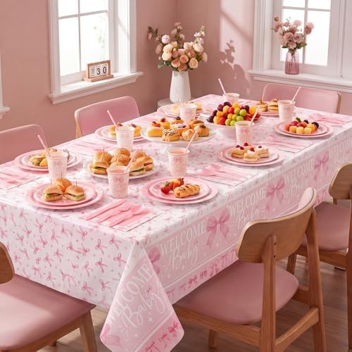 Ceenna 452 Pcs 50 Guests Pink Bow Baby Shower Decoration Girl, Pink Bow Welcome Baby Shower Plate Napkin Cup Tablecloth Cutlery Straw It's a Girl Disposable Tableware for Gender Reveal Party Supply - Image 6