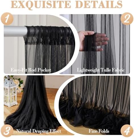 20ft x 12ft Black Tulle Backdrop Curtain for Parties Sheer Fabric Backdrop Curtains for Baby Shower Birthday Party Back Drop Wedding Graduation Photo Backdrop Drapes Background 4 Panels 5ft x 12ft - Image 5