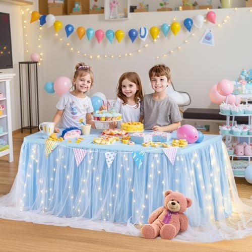 PARTISKY Blue Tulle Tutu Table Skirt for Rectangle Tables or Round Table,Led Light String Table Cloth for Boys Girls Baby Shower Baby Shark Themed Party Dessert/Cake Tables by Partisky