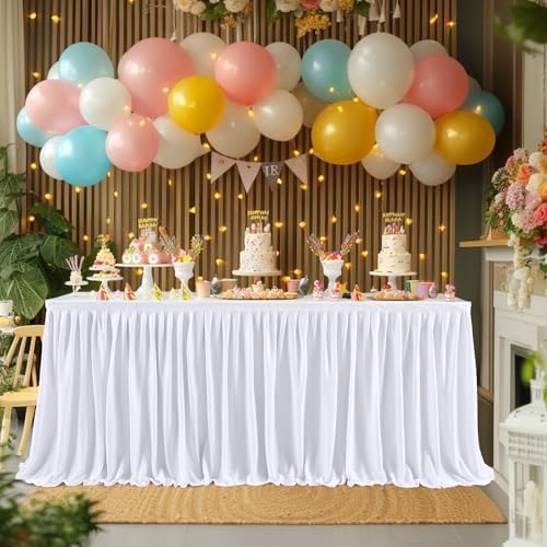 14ft White Table Skirts for Rectangle Tables Polyester Pleated Ruffle Table Skirt Tablecloth for Wedding Birthday Party Baby Bridal Shower Banquet Decoration - Image 2