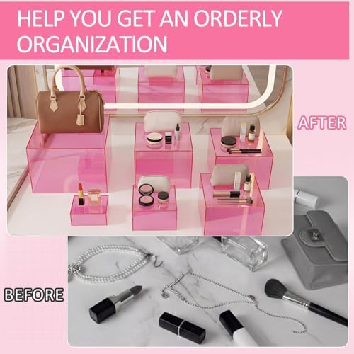 Geelin 6 Pcs Acrylic Risers Cube Stands, Clear Pink, 3 to 8 Inch, Square - Image 4