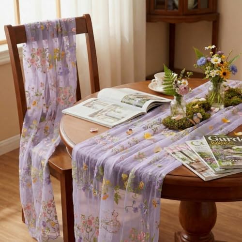 Purple Floral Table Runner 10ft Embroidery Tulle Spring Wildflower Gauze Table Runner Seasonal Summer Butterfly Kitchen Dining Decoration for Wedding Baby Shower Birthday Party (6 Pcs) - Image 6