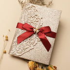 25Pcs Gold Glitter Wedding Invitations with Burgundy Ribbons Pearl, Blank by AdasBridal