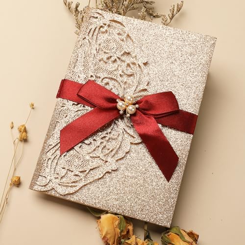 25Pcs Gold Glitter Wedding Invitations with Burgundy Ribbons Pearl, Blank by AdasBridal