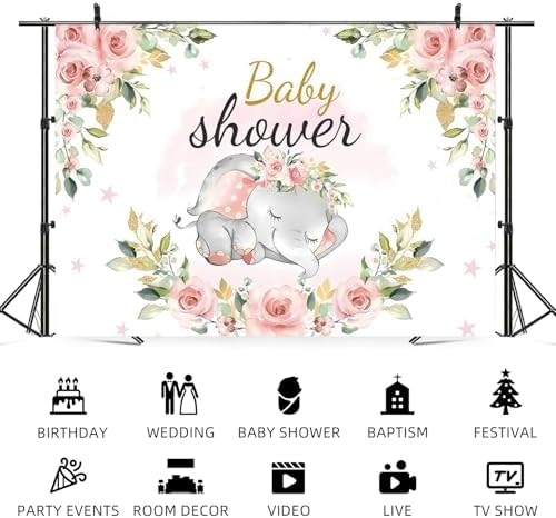 12x6ft Elephant Baby Shower Backdrop for Girl Pink Flowers Photography Background Newborn Girls Birthday Banner Decorations Sweet Princess Baby Party Portrait Photo Booth Prop - Image 5