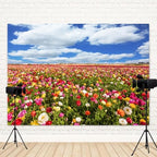 12x8ft Flower Field Backdrop Colorful Ranunculus Meadow Floral Landscape Photography Background Blue Sky White Clouds Spring Scenery Decor Weddings Banner Mother's Day Decors - Image 4