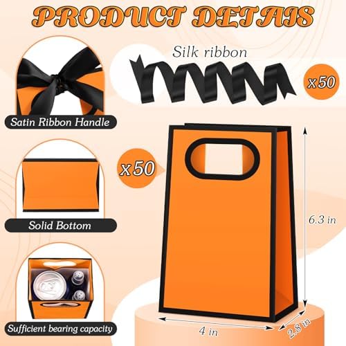 AmazingSpark 50 Pcs Orange Black Mini Gift Bags Bulk 6.3 x 3.9 x 2.8 Inch Party Favors Elegant Small Gift Bags with Handles and Ribbon Bows for Wedding Birthday Bridal Baby Shower Party Favors - Image 2