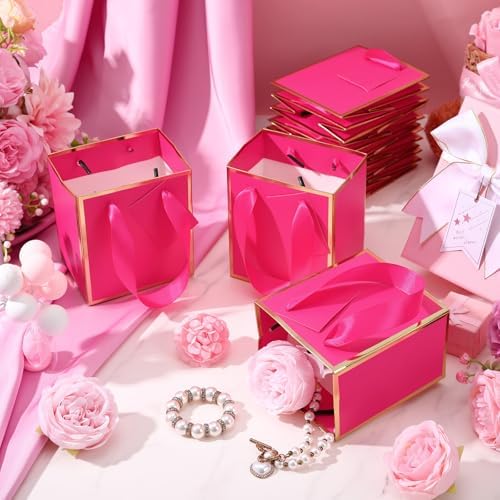 Yeaqee 50 Pcs Mini Paper Gift Bags with Handles Tag, Hot Pink, Gold - Image 5