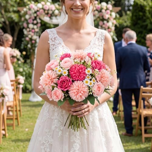 Tigeen 6 Bundles Artificial Flowers Bouquet for Wedding, Pink Magenta - Image 6