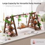 3 Tier Wooden Cupcake Stand with Unique Swing & Flower Decor, Rustic Dessert Table Display Set, Foldable Ladder Serving Tray for Wedding, Baby Shower, Birthday Party & Event Centerpiece - Image 3