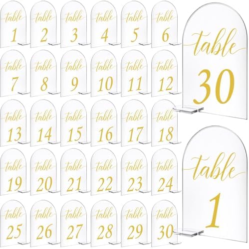 Vicenpal 1-30 Table Numbers with Stand, 4 x 6 Inch Gold Arch Acrylic by Vicenpal