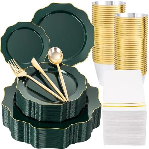 WDF 175Pcs Green Plastic Plates - Green Plates Disposable with Gold Rim - Christmas Plastic Plate - Fancy Disposable Dinnerware Sets 25 Guests Ideal for Party/Wedding/Birthday by WDF
