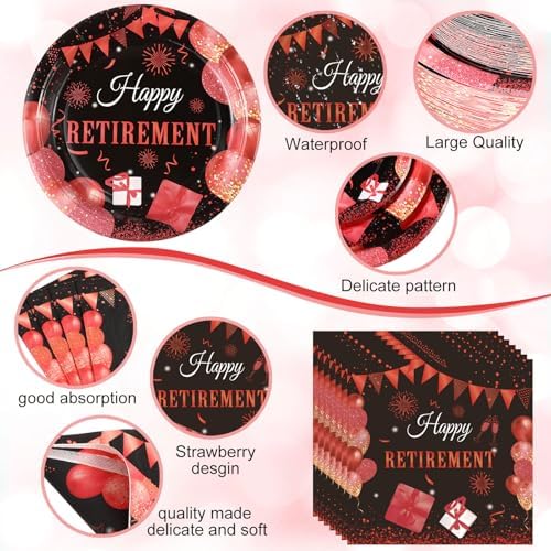 Funnymoom 452 Pcs Retirement Party Decorations Supplies Set Include Red Black Retirement Paper Plates Napkins Cups Tablecloth Cutlery Straws for Men Women Say Goodbye Party - Image 3