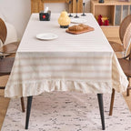 vctops Farmhouse Khaki Stripe Ruffle Table Cloth, Boho Cotton Linen Tablecloth, Washable Table Cover for Rectangle Table Baby Shower Kitchen Party Wedding Decor (Khaki A,55"x86") by vctops