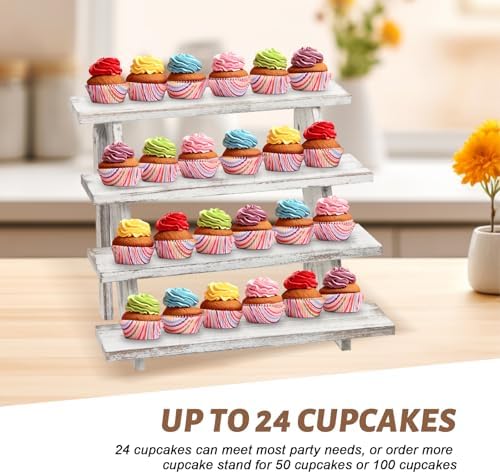 Wooden Cupcake Stand - 4 Tier Cupcake Display Stand, Rustic Tiered Display Stand, Tool Free Installation Cupcake Stand for Wedding Baby Shower Decorations Birthday Party Supplies(White) - Image 6