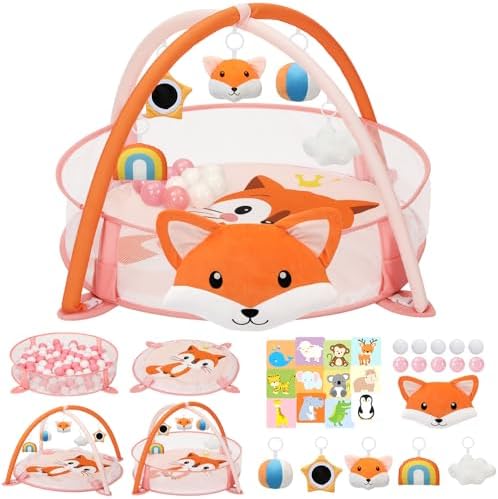 7-in-1 XL Large Baby Play Gym Mat, Tummy Time Mat, Baby Gym & Ball Pit, Baby Activity Mat with Milestone Cards & 6 Detachable Toys for Sensory Motor Skill, Fox by Unknown