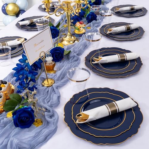 Liacere 350PCS Navy Blue Plastic Patriotic Plates-Disposable Blue Gold Plates 50guest Plastic Dinnerware include 100Plates,50Pack Pre Rolled Napkins with Silverware 50Cups for Party/Wedding/Labor Day - Image 2