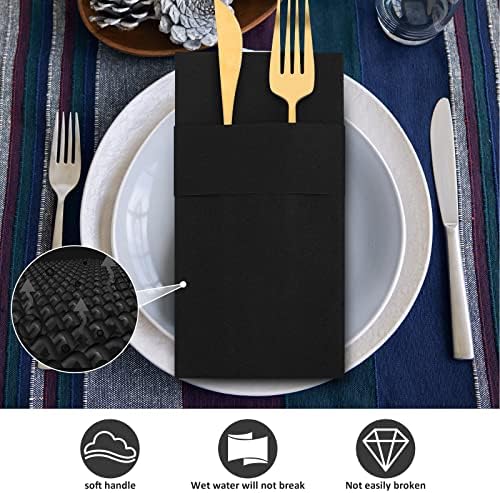Cindeer 150 Pcs Black Linen Dinner Napkins with Built in Flatware - Image 4