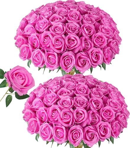 50 PCS Hot Pink Roses Artificial Flowers, Fake Roses with Stem Realistic Silk Rose for DIY Wedding Bouquets Table Centerpieces Arrangements Baby Shower Anniversary Birthday Home Decor Gift for Her by HyeFloraartificialflowers