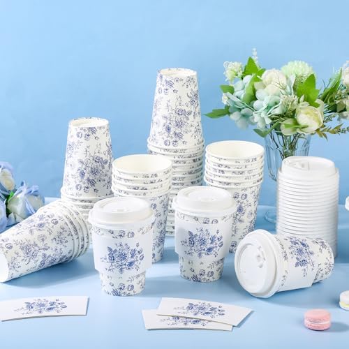 50Pcs Blue Floral Disposable Paper Coffee Cups with Lids and Sleeves - Image 3