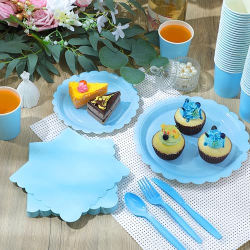 Ziliny 350 Pcs Baby Blue Plates and Napkins, 50 Guest Spring Party Supplies Include Scalloped Paper Plates Napkins Cups Plastic Spoons Forks Knives Disposable Tableware Set for Baby Shower - Image 5