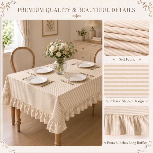 Striped Ruffled Tablecloth 60x120 Inch Cotton Polyester Striped Tablecloth Rectangular Fits 8-10 Seater Table Farmhouse Vintage Table Cover for Home Kitchen Baby Shower Birthday Party Picnic (Taupe) - Image 3