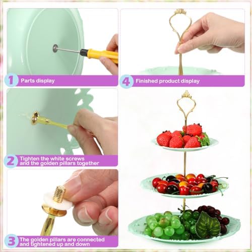 8 Pcs 3 Tier Serving Tray Cupcake Stand, Round, White, Pink, Green - Image 4