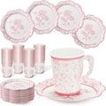 FillTouch 100 Sets Pink Floral Paper Tea Cups and Saucers Disposable Paper Tea Party Supplies 9 oz Cups with Handle and Saucer for Birthday Wedding Party Decorations by FillTouch
